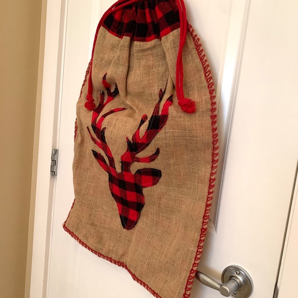 Large Festive Reindeer Burlap/ Flannel Lined Gift Bag - Picture 4 of 6